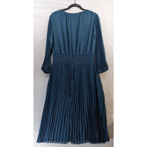 Taylor Dress Teal Green Pleated Midi Sheer Lined Fall Boho Smocked Waist Sz 12 - Picture 9 of 13